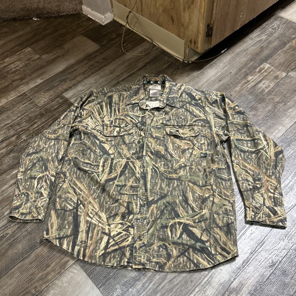 VTG Mossy Oak Chamois Shirt Camo Button Up Flannel Shadow Grass Tree Logo Sz- L